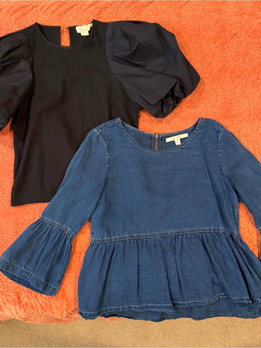 Anthropologie Navy Puff Sleeve Top & Denim Blue Peplum Top